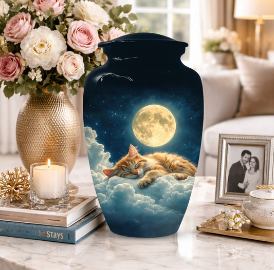 Cat Memorial Urn for Mom | Moon Cat Cremation Large Urn for Ashes- Funeral Keepsake Urn