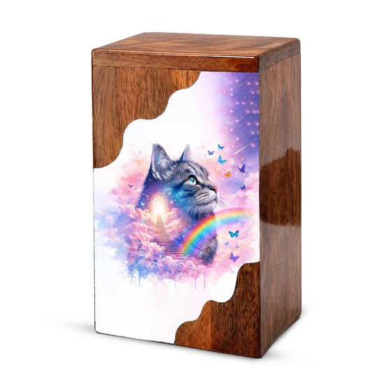 Wooden Cat Cremation Urn – Custom Cat Memorial Urn with Rainbow Bridge Design