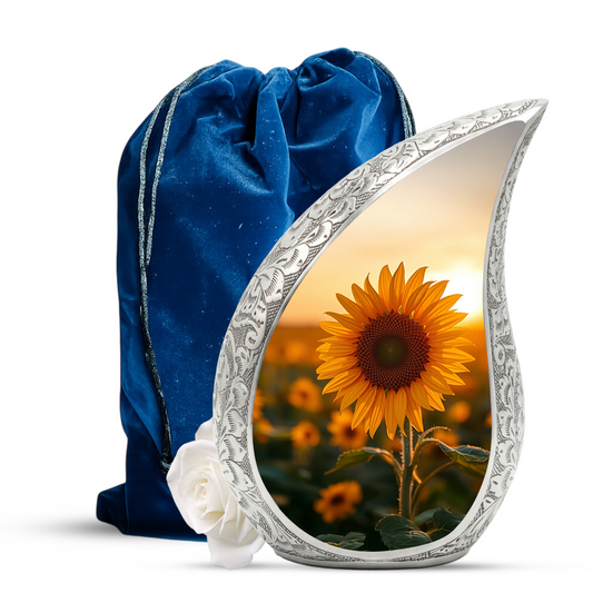 Sunflower Personalized Cremation Urn – Teardrop Style Aluminum Memorial Urn, 10 Inch
