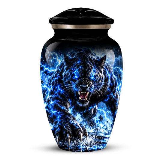 Black Panther Cremation Urn for Ashes, Blue Lightning Big Cat Urn for Human Ashes