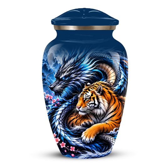 Blue Dragon and Tiger Cremation Urn for Adult Ashes, Fantasy Animal Memorial Urn