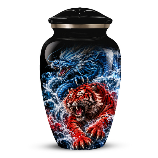 Personalized Adult Cremation Urn for Ashes, Custom Dragon and Tiger Memorial Urn, Blue Dragon Red Tiger Artwork