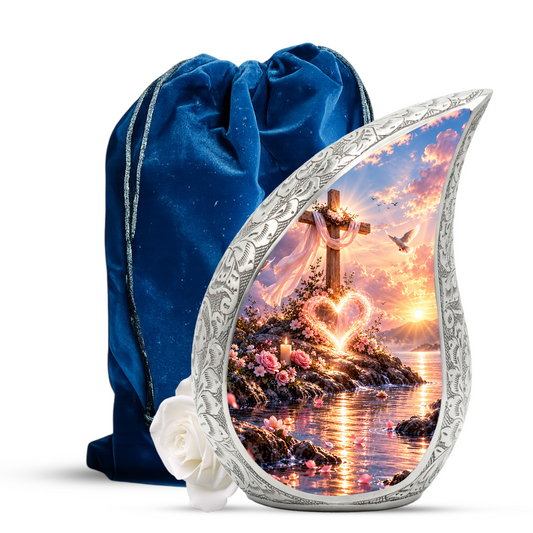 Christian Cross Cremation Urn for Adult Ashes, Sunset Memorial Urn with Dove and Glowing Heart, Religious Urn for Mom or Dad