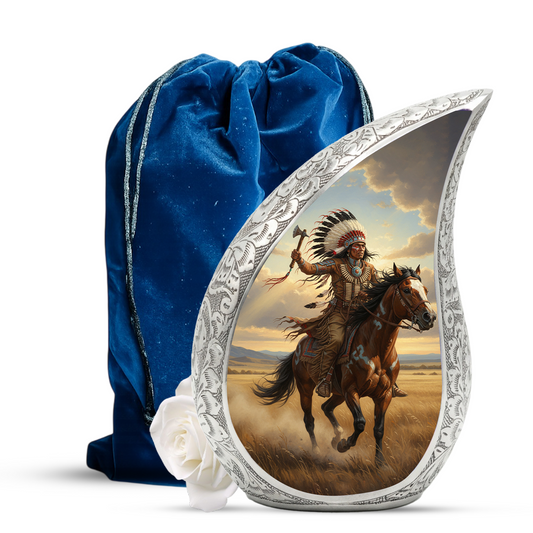 Native Heritage Personalized Cremation Urn for Dad – Teardrop Style Aluminum Memorial Urn, 10 Inch