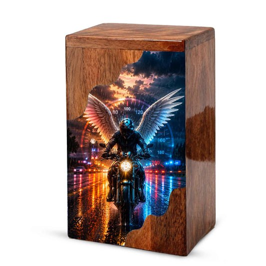 Motorcycle Wooden Cremation Urn – Memorial Urn for Dad Ashes | Biker Angel Wings Wooden Urn
