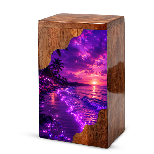 Beach Wooden Cremation Urn – Ocean Sunset Memorial Urn for Human Ashes