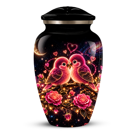 Love Birds Cremation Urn for Adult Ashes, Romantic Pink Birds and Roses Memorial Urn