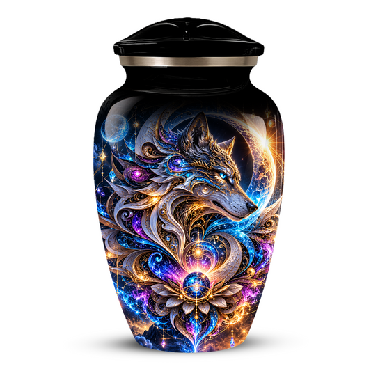 Personalized Adult Cremation Urn for Ashes, Celestial Wolf Memorial Urn, Fantasy Wolf Aluminum Cremation Urn