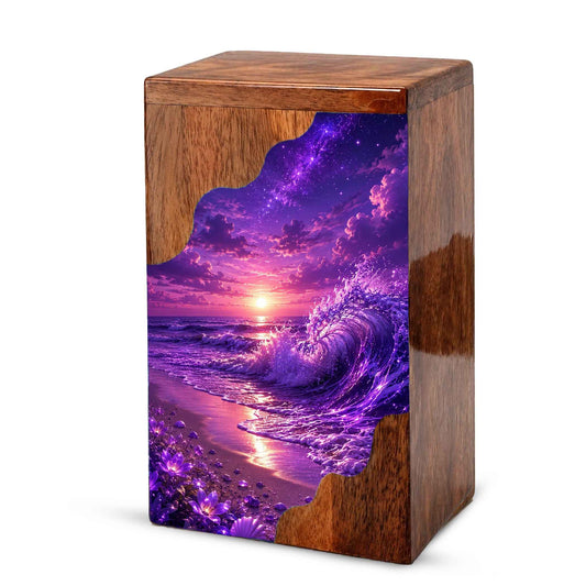 Violet Ocean Wooden Cremation Urn – Beach Theme Wooden Urn for Human Ashes