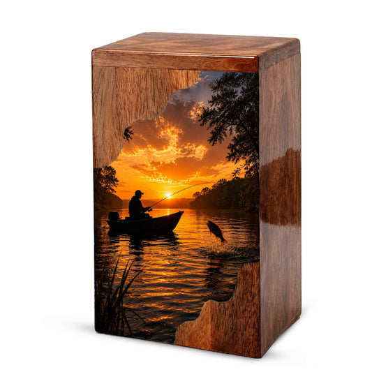 Sunset Fishing Wooden Cremation Urn – Gone Fishing Memorial Urn for Human Ashes