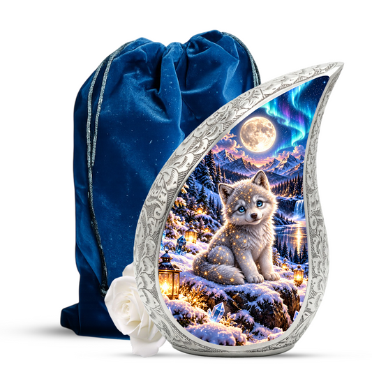 Wolf Urn for Ashes, Husky Puppy Aluminum Cremation Urn