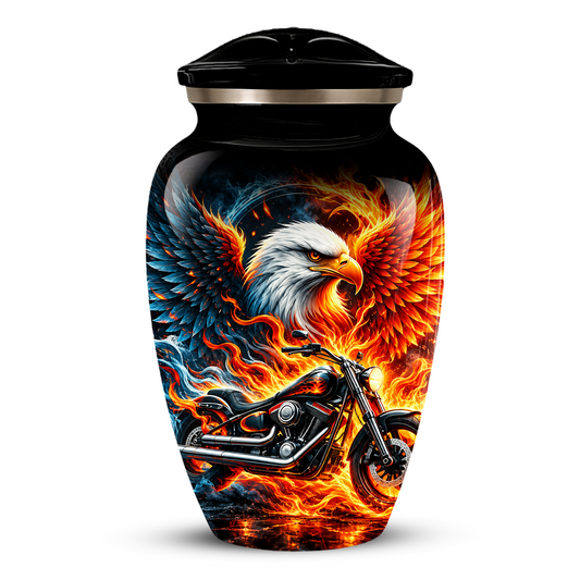 Eagle and Motorcycle Cremation Urn for Adult Ashes, Fiery Phoenix Eagle Biker Urn for Human Ashes