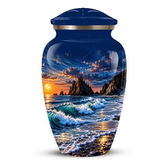 Personalized Adult Cremation Urn for Ashes, Custom Memorial Urn, Ocean Waves and Sunset Design
