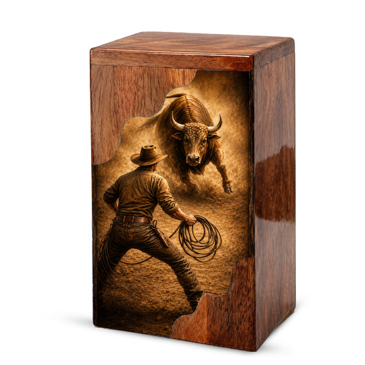 Western Cowboy Cremation Urn – Wooden Urn for Human Ashes
