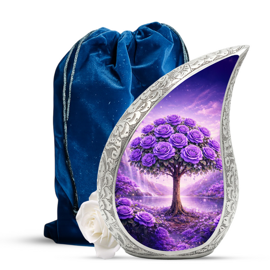 Personalized Purple Rose Cremation Urn – Custom Floral Memorial Urn for Ashes, Tree of Life Teardrop Aluminum Adult Urn, 10 Inch