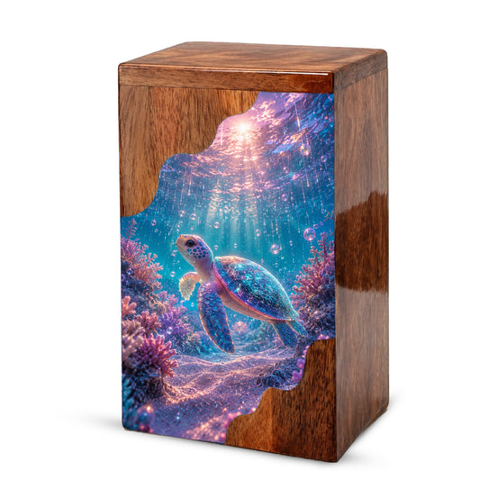 Sea Turtle Underwater Wooden Cremation Urn – Personalized Memorial Urn for Human Ashes