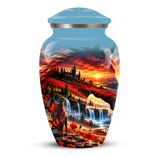Personalized Fantasy Cremation Urn for Ashes, Red Butterfly Castle Memorial Urn, Custom Adult Urn