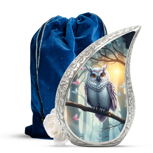 Enchanted Owl Personalized Cremation Urn – Teardrop Memorial Urn for Ashes | 10 Inch Aluminum Adult Urn