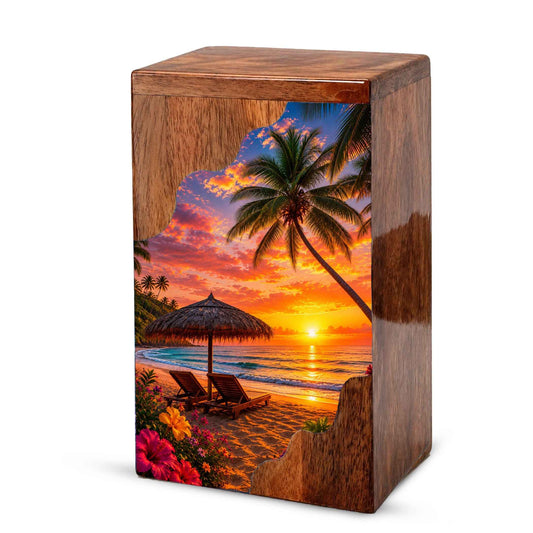 Paradise Wooden Cremation Urn – Beach Theme Wooden Urn for Human Ashes