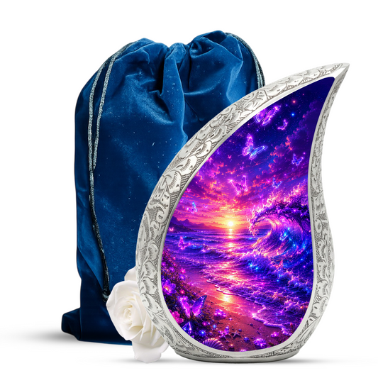 Butterfly Beach Cremation Urn for Adult Ashes | Beautiful Ocean Wave & Sunset Memorial Urn