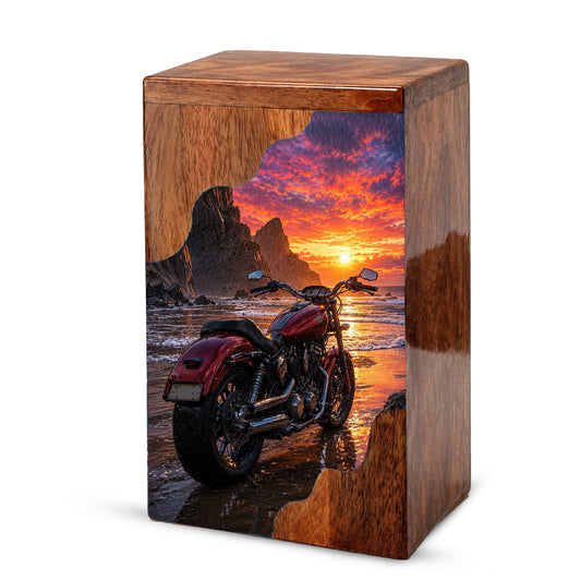 Motorcycle Beach Sunset Cremation Urn – Wooden Urn for Human Ashes