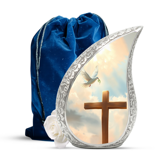 Christian Cross Personalized Cremation Urn – Teardrop Memorial Urn for Ashes | 10 Inch Aluminum Adult Urn