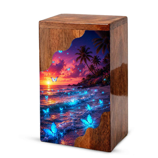 Butterfly Beach Wooden Cremation Urn – Sunset Ocean Memorial Urn for Mom