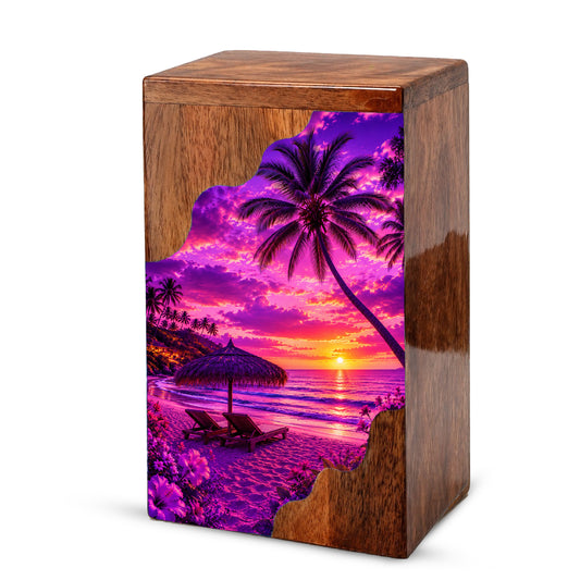 Tropical Sunset Wooden Cremation Urn – Beach Memorial Urn for Human Ashes