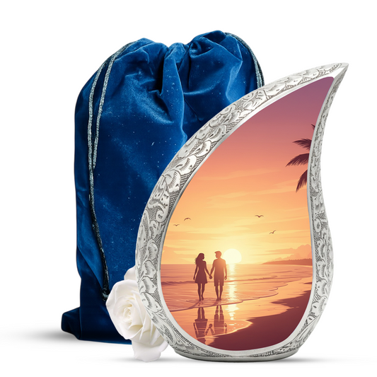 Personalized Beach Sunset Cremation Urn – Custom Ocean Memorial Urn for Ashes, Couple Beach Teardrop Aluminum Adult Urn, 10 Inch
