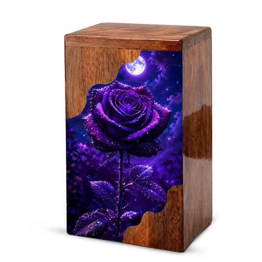 Moonlit Purple Rose Wooden Cremation Urn – Floral Memorial Urn for Human Ashes