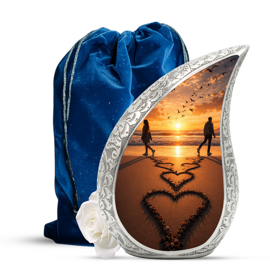 Beach Sunset Cremation Urn for Human Ashes | Heart-Shaped Ocean Memorial Urn & Beach Themed Keepsake Urn