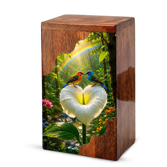 Rainbow Birds Wooden Cremation Urn – Personalized Memorial Urn for Human Ashes