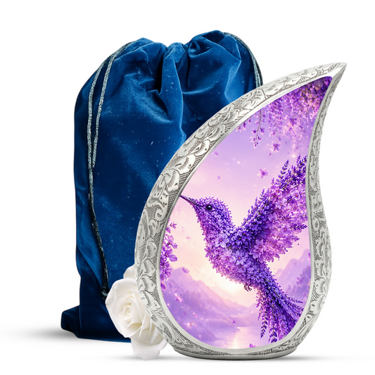 Hummingbird Urn for Human Ashes | Purple Floral Adult Cremation Urn | Beautiful Hummingbird Memorial Urn for Adult Ashes