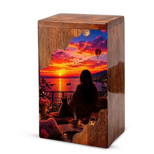 Sunset Balcony Wooden Cremation Urn – Peaceful Evening Memorial Urn with Ocean View Artwork