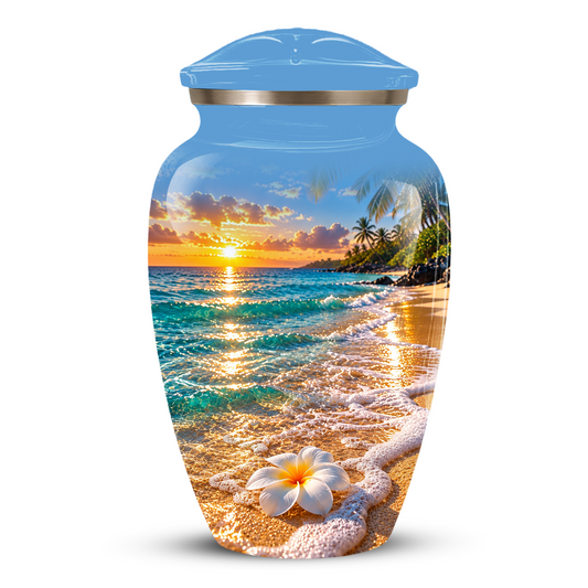 Tropical Beach Sunset Memorial Urn, Plumeria Flower Urn for Human Ashes