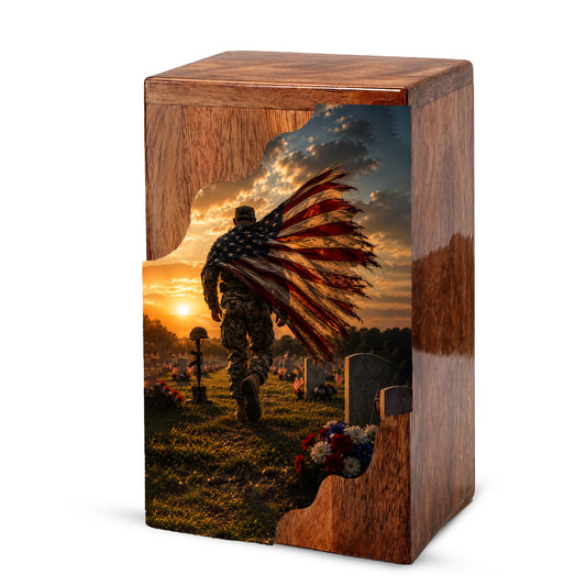 Military Wooden Cremation Urn for Veteran | American Flag Memorial Urn for Dad