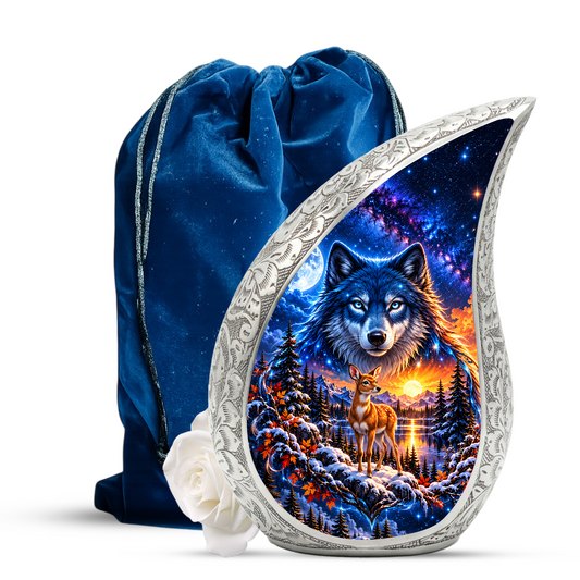 Wolf and Deer Cremation Urn for Ashes, Wildlife Adult Memorial Urn