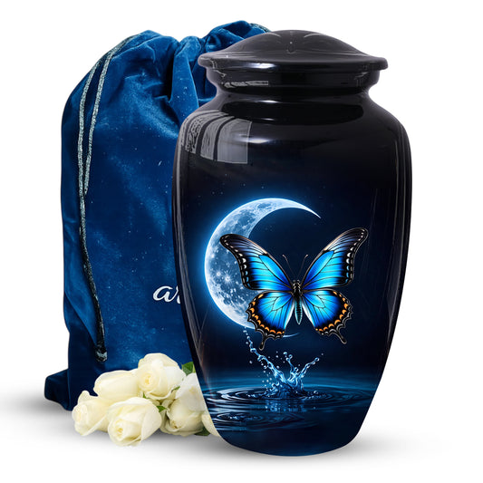 Blue Butterfly Urn for Mom with Moon | Butterfly Cremation Large Urn for Ashes