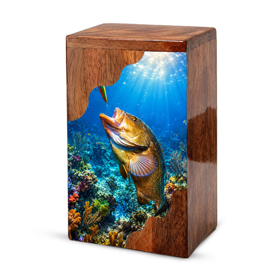 Fishing Wooden Cremation Urn – Ocean Fishing Memorial Urn for Human Ashes