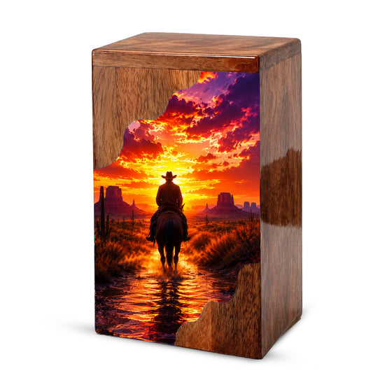 Western Cowboy Wooden Cremation Urn – Sunset Horse Memorial Urn for Human Ashes