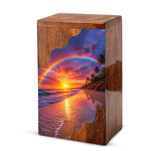Beach Wooden Cremation Urn for Human Ashes | Rainbow Ocean Sunset Memorial Urn