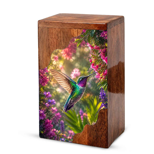 Green Hummingbird Wooden Cremation Urn – Floral Memorial Wooden Urn for Human Ashes