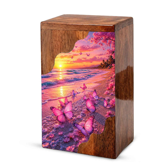 Pink Butterfly Beach Wooden Cremation Urn – Wooden Urn for Human Ashes