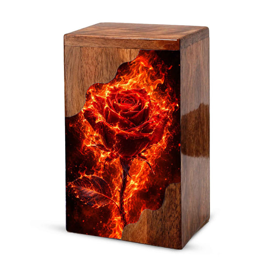 Fiery Rose Wooden Cremation Urn – Personalized Memorial Urn for Human Ashes