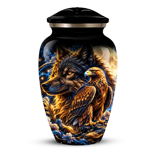 Wolf and Eagle Cremation Urn for Adult Ashes, Black Memorial Urn with Golden Eagle, Majestic Wolf and Celestial Artwork