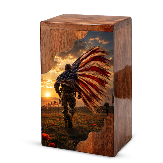 Military Wooden Cremation Urn for Dad | Personalized Veteran Urn for Human Ashes | American Flag Memorial Urn