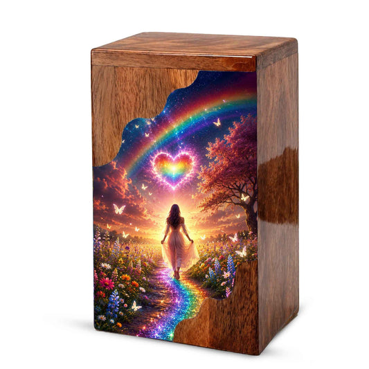 Rainbow Heart Wooden Cremation Urn – Celestial Rainbow Memorial Wooden Urn for Human Ashes