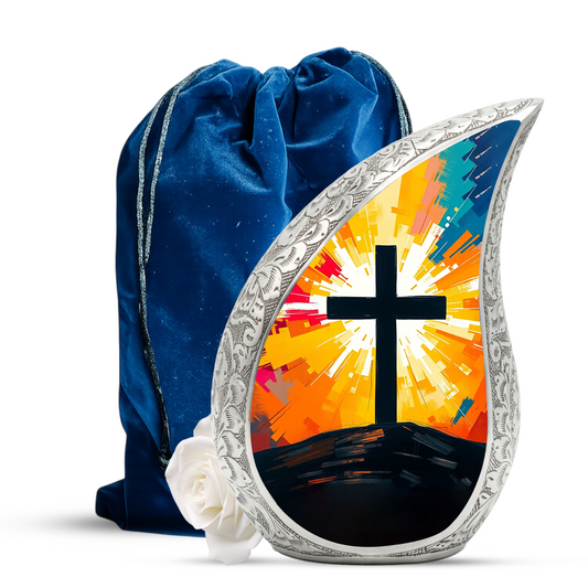 Cross Personalized Cremation Urn – Christian Memorial Teardrop Urn for Ashes | 10 Inch Aluminum Adult Urn
