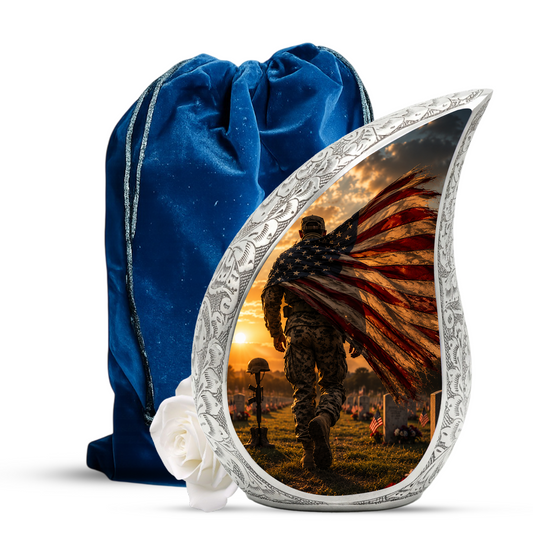 Patriotic Soldier Sunset Urn for Dad | American Flag Military Cremation Urn for Human Ashes