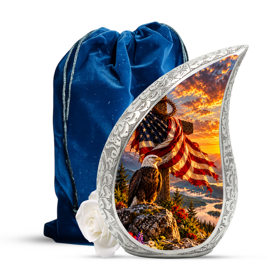 Christian Cremation Urn for Adult Ashes, Jesus Cross and American Flag Memorial Urn